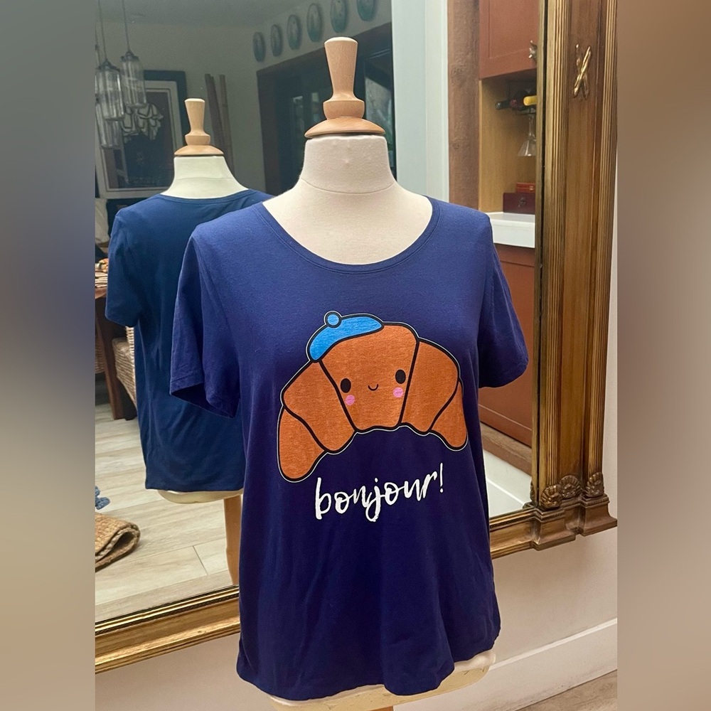 Bonjour Croissant T-Shirt - Navy Blue Size L - Picture 1 of 9